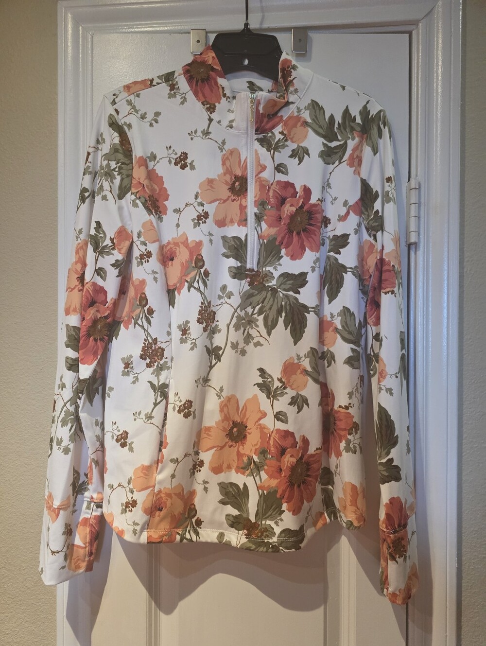 Laura Ashley-L White Floral Half-Zip Pullover with Peach Blooms
